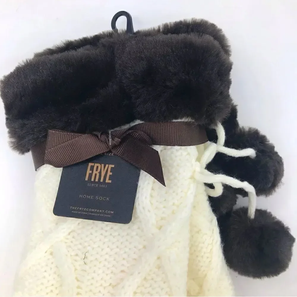 Frye Cream Knit Brown Faux Fur Pompom Trim Cozy Grip Tread Home Socks NEW